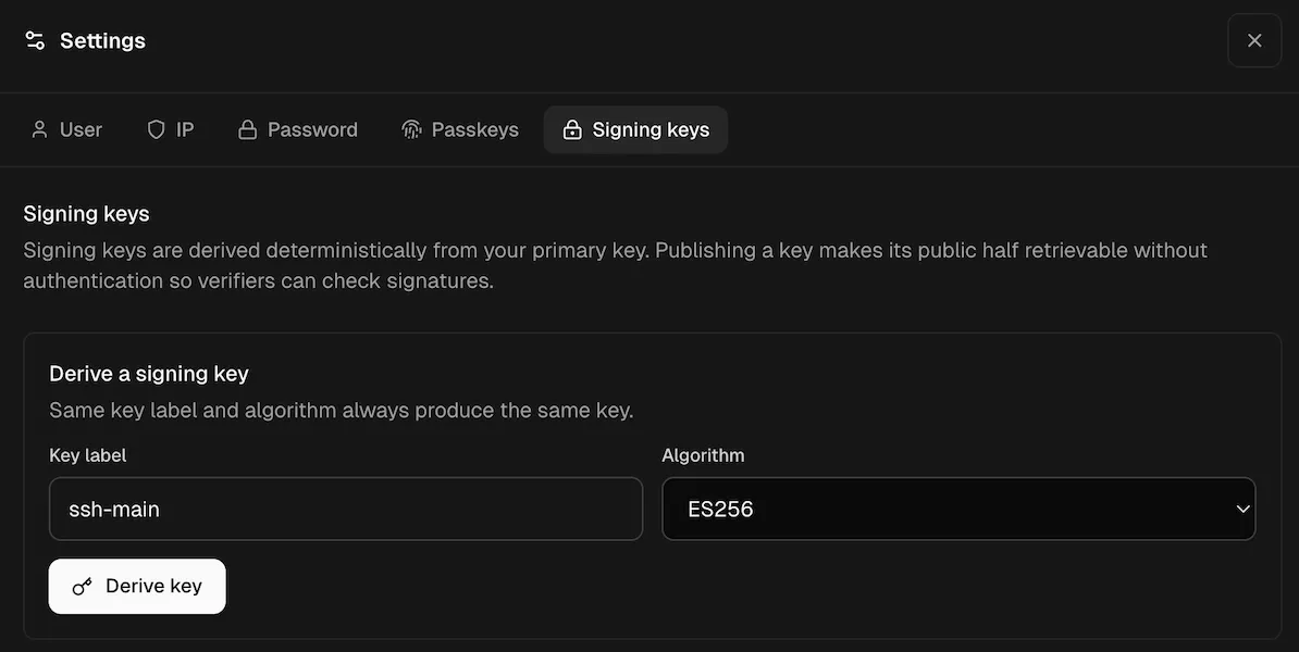 Screenshot of the Revaulter settings UI, inside the &ldquo;Signing keys&rdquo;, showing the creation of a signing key called &ldquo;ssh-main&rdquo;