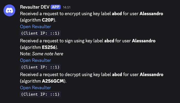 Example of a notification sent by Revaulter to a Discord channel