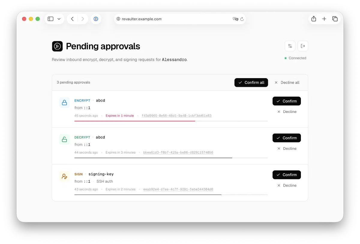 Screenshot of Revaulter, showing 3 requests pending approval: one for encrypting, one for signing, one for decrypting