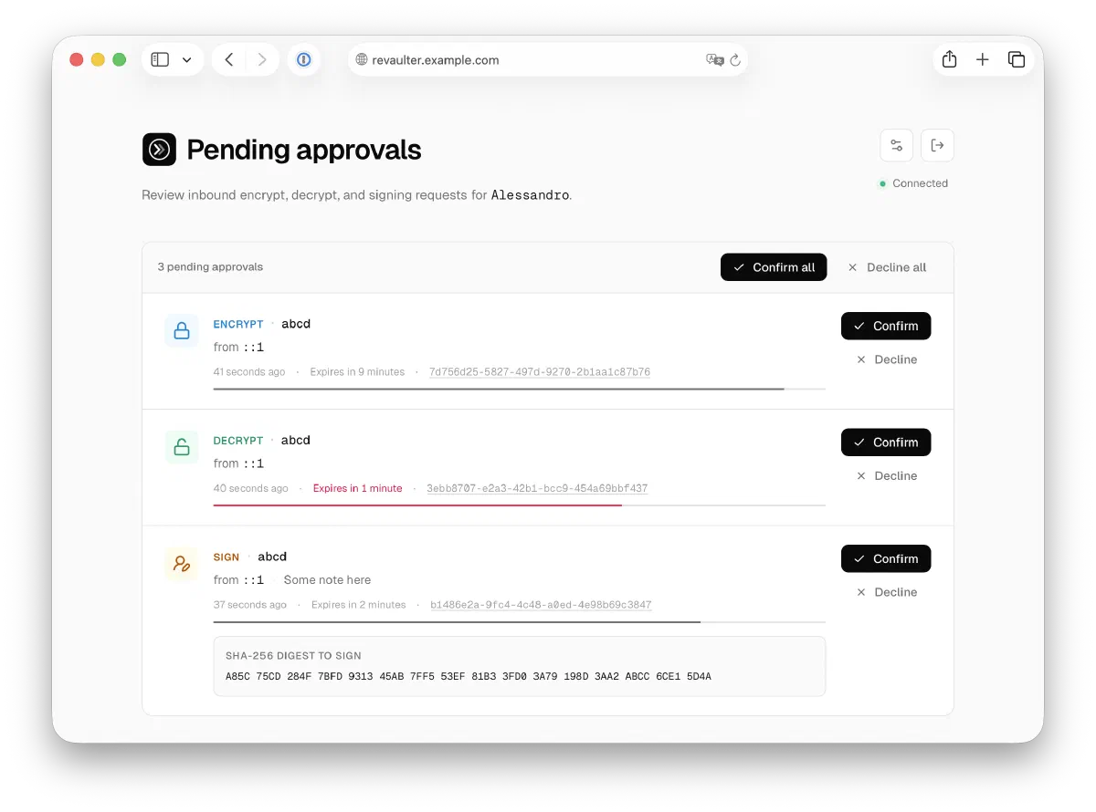 Screenshot of Revaulter, showing 3 requests pending approval: one for encrypting, one for signing, one for decrypting